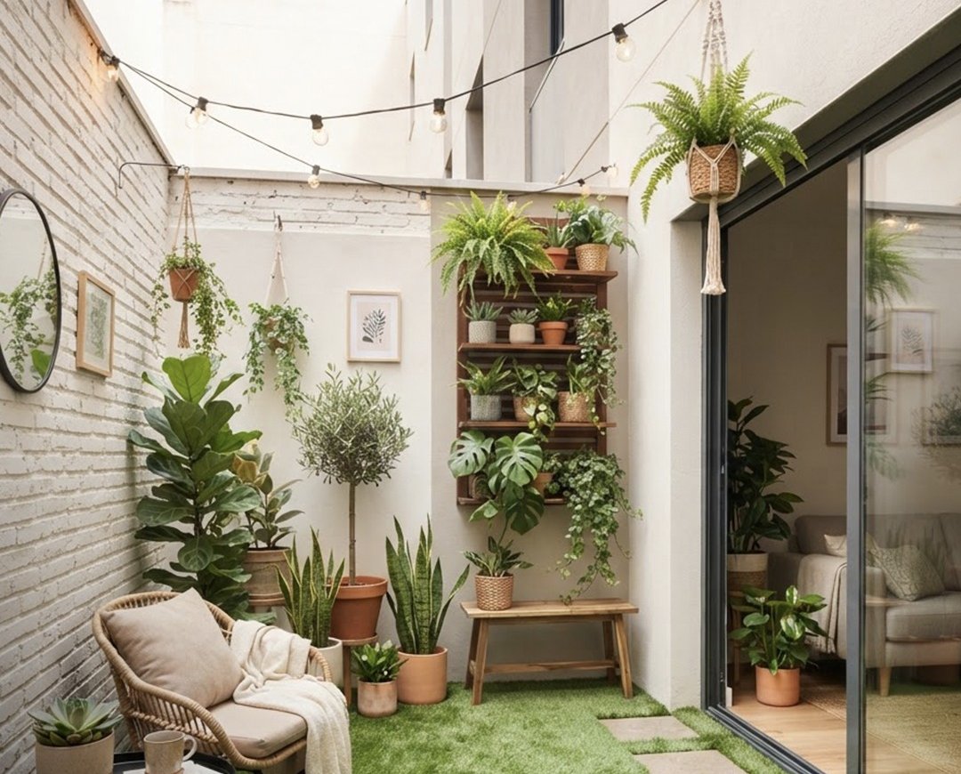 Pasto sintético en patio con plantas