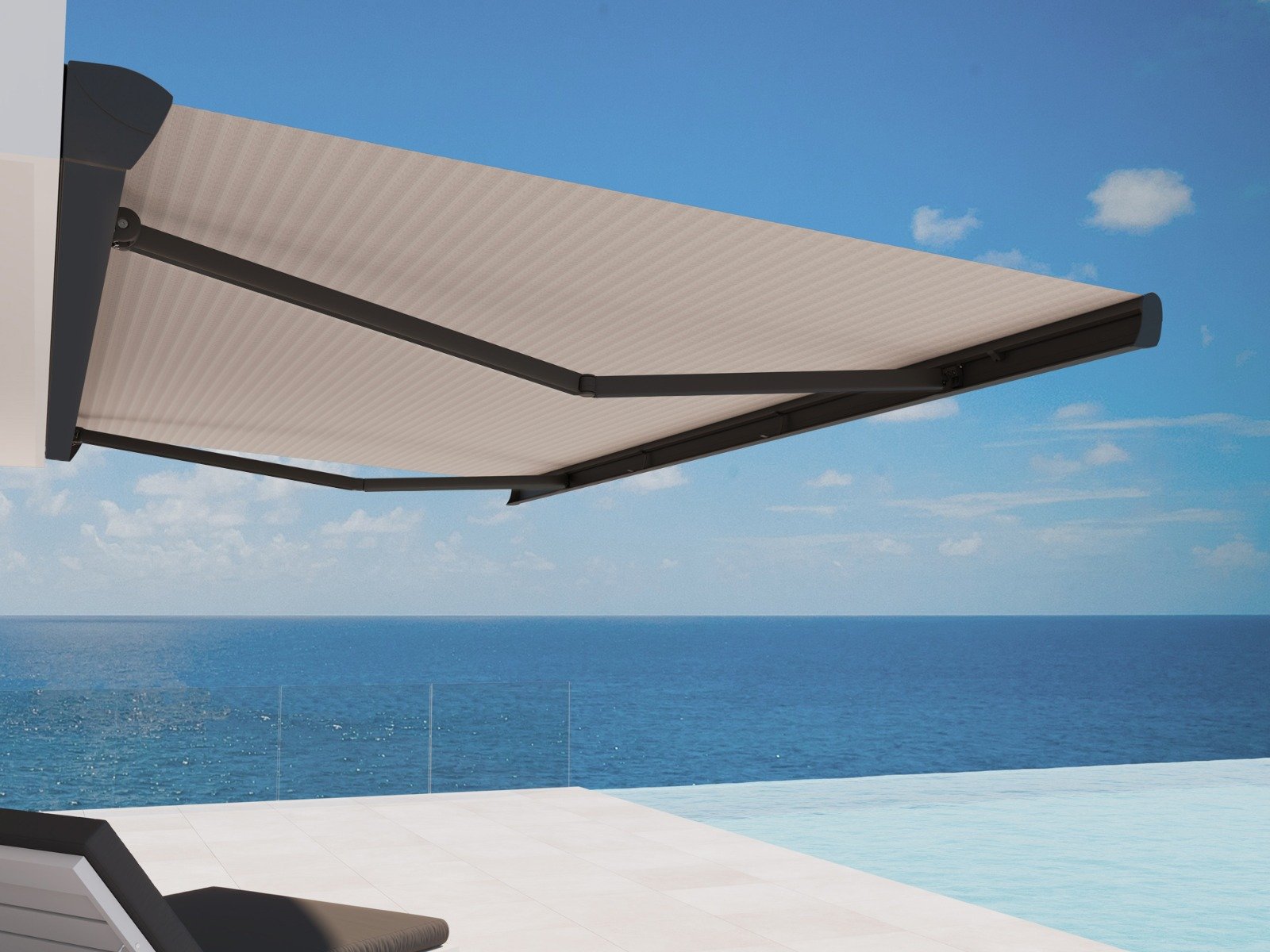 Toldo de brazos invisibles frente al mar