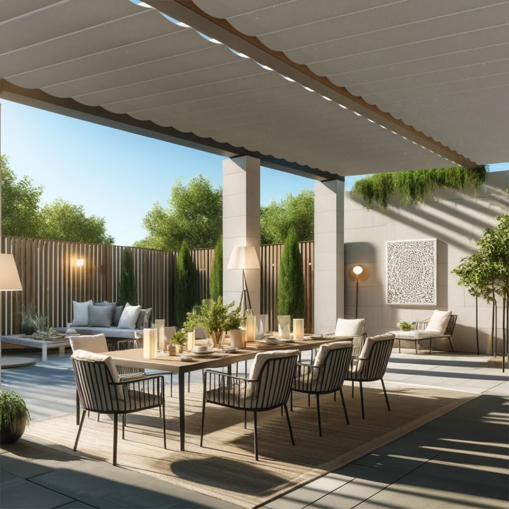 Toldo de techo retráctil sobre terraza con comedor